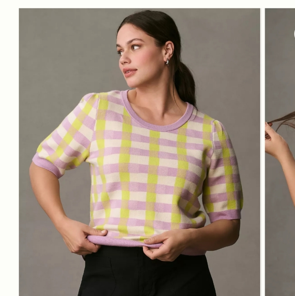 Preppy Anthropologie Plaid Lavender Lime Harmon Jacquard Tee Sweater